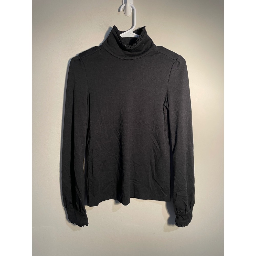 Diane von Furstenberg Black Wool‎ Turtleneck Ruffle Hem Top Size 10 Quiet Luxury